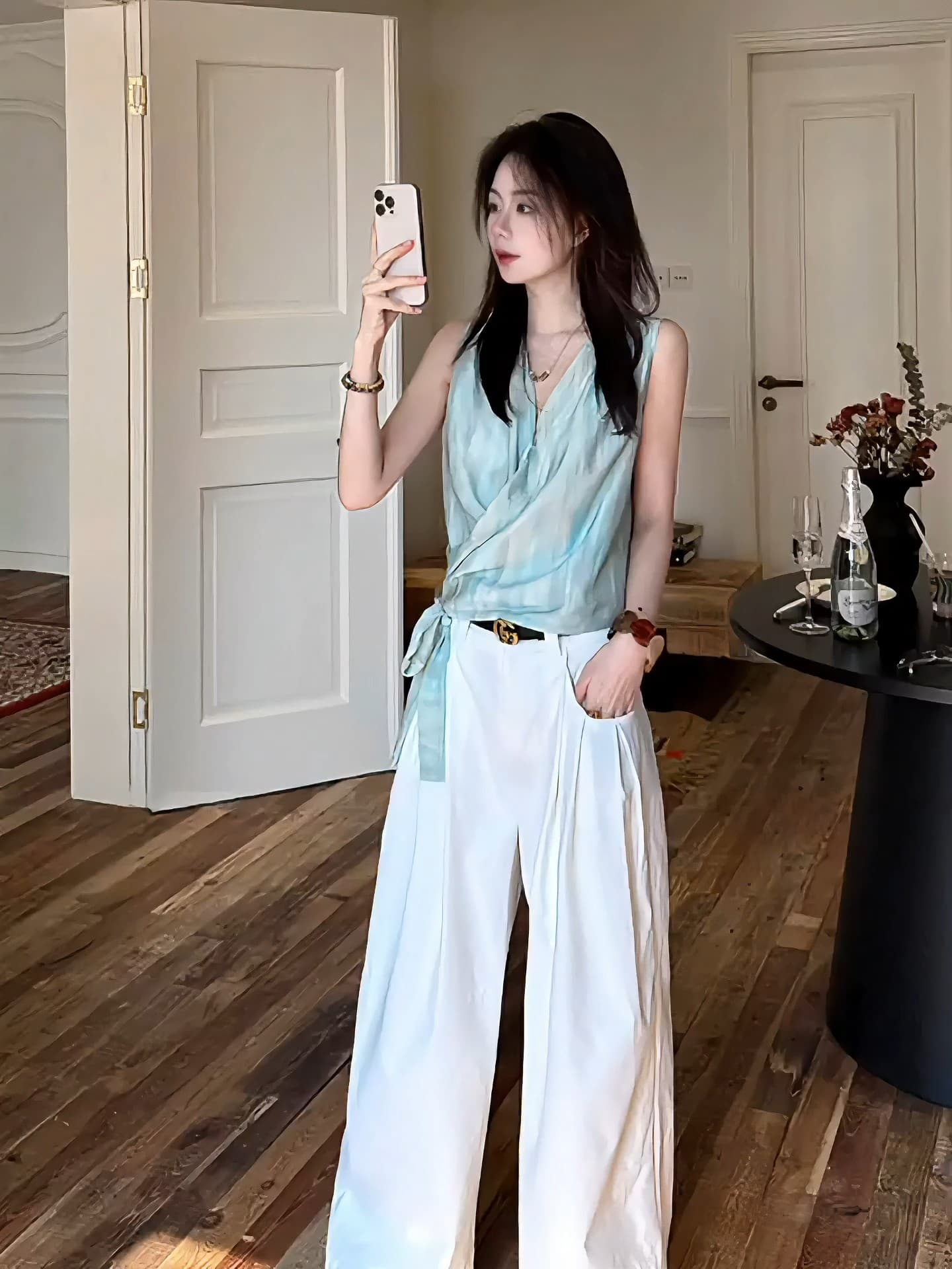 박하 깃발 십자가 포장 레이스업 맨위 작은 대중 디자인 분위기 센스 리본 작은 셔츠 이미지 4