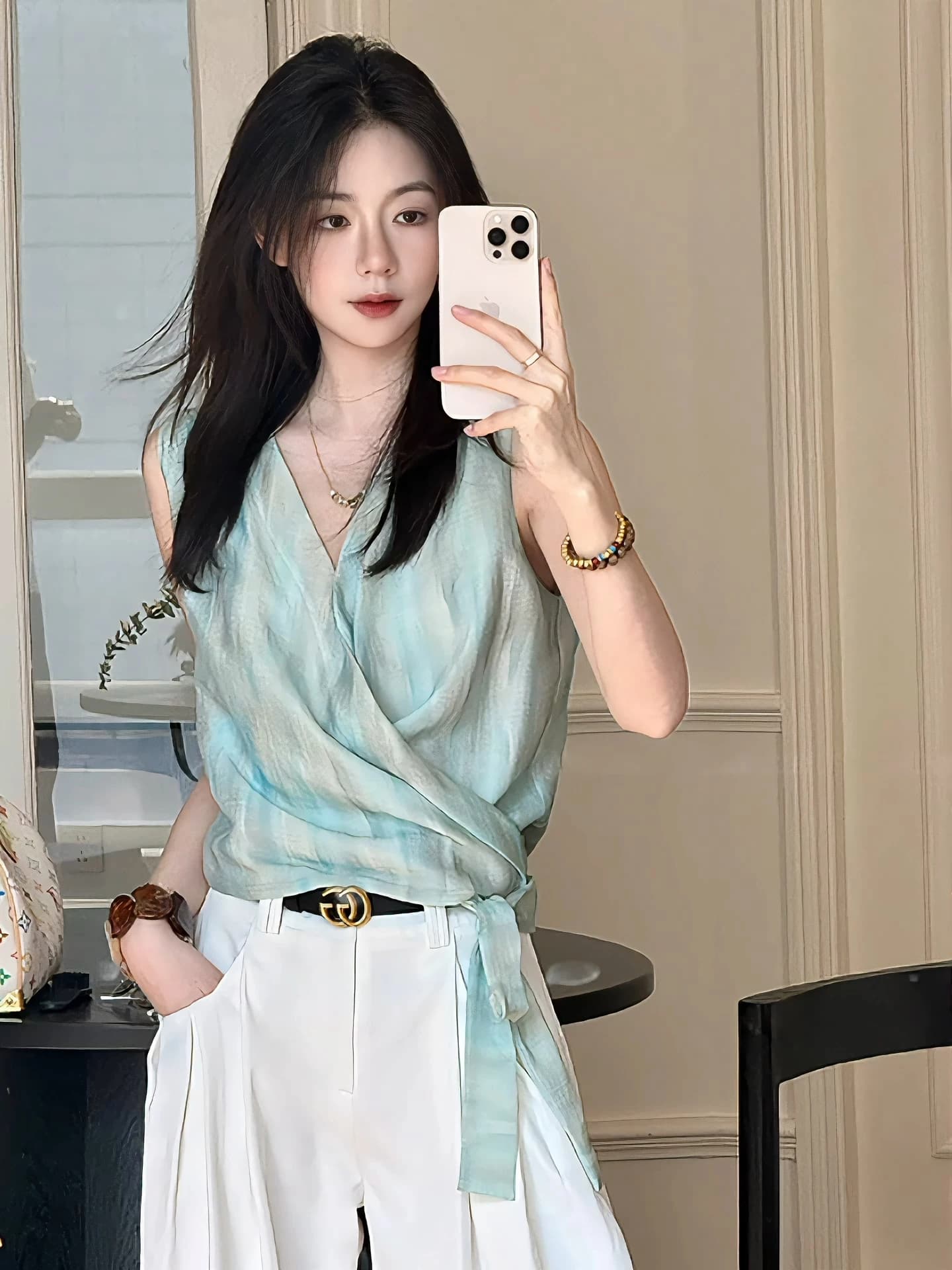 박하 깃발 십자가 포장 레이스업 맨위 작은 대중 디자인 분위기 센스 리본 작은 셔츠 상세 이미지 2