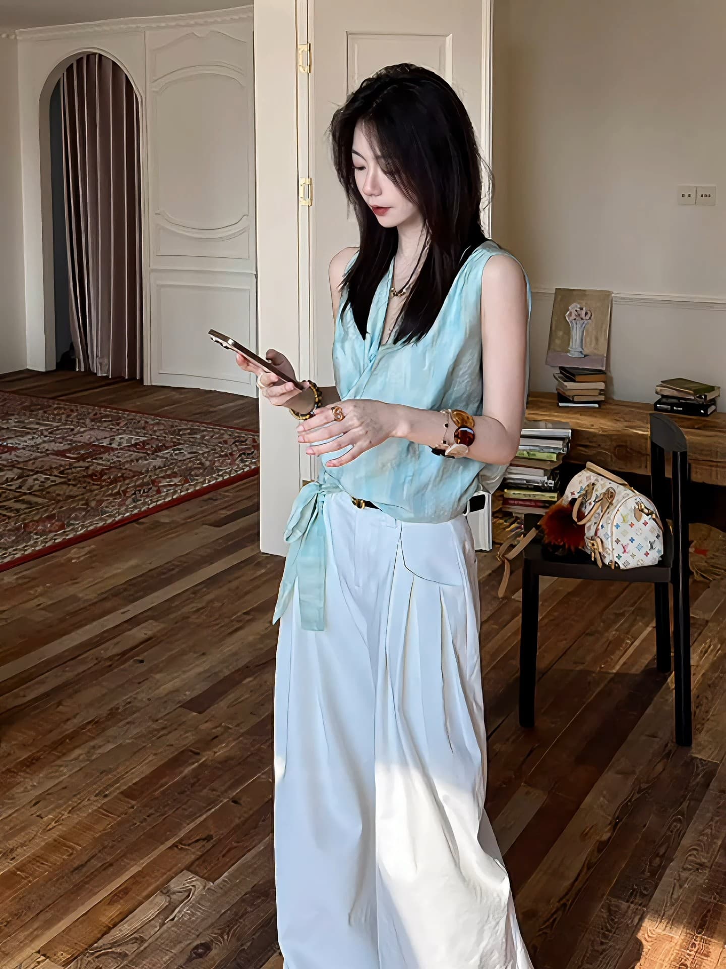 박하 깃발 십자가 포장 레이스업 맨위 작은 대중 디자인 분위기 센스 리본 작은 셔츠 상세 이미지 9