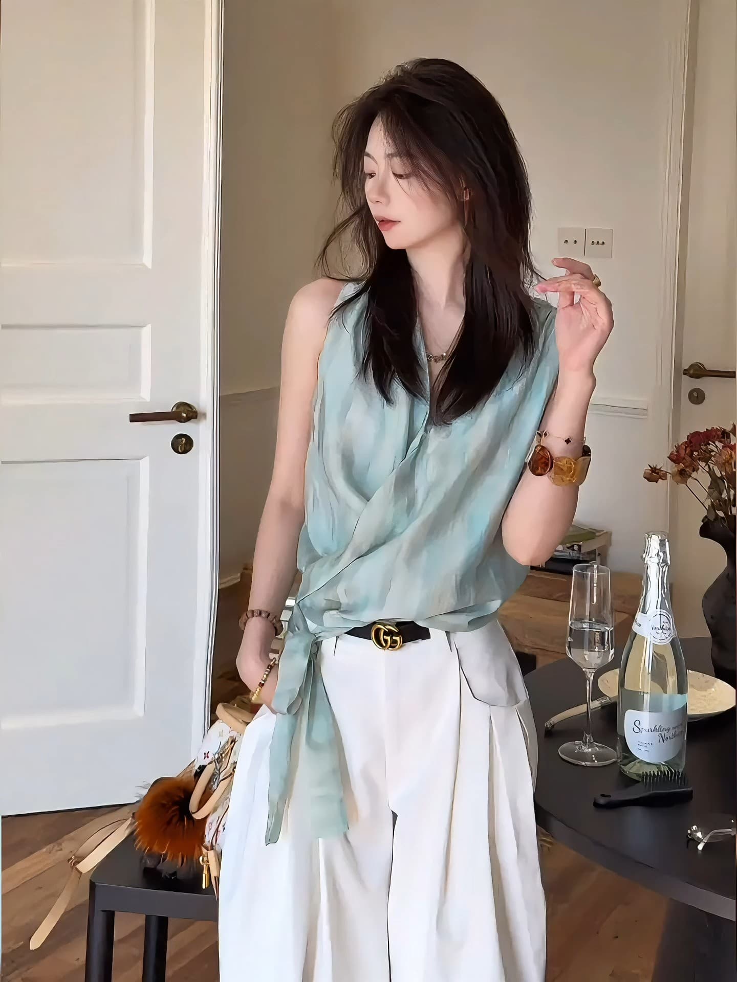 박하 깃발 십자가 포장 레이스업 맨위 작은 대중 디자인 분위기 센스 리본 작은 셔츠 상세 이미지 11