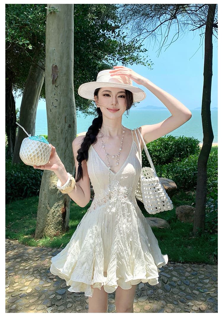 프랑스식 고전 낭만주의 발레 바람 디자인 센스 미니 스커트 홀로우 아웃 레이스 크림 화이트 소녀 센스 슬립 드레스 드레스