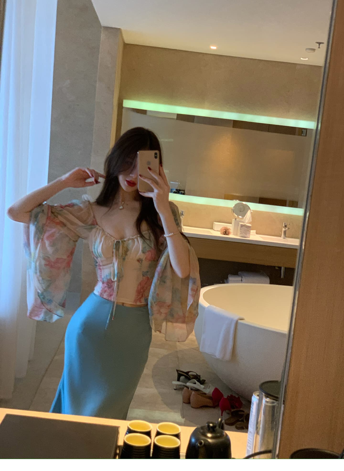 수채화 물감 헤일로 염색 꽃무늬 쉬폰 블라우스 여자 칼라 디자인 센스 슬림해 보이는 명중 가져 가라. 작은 셔츠 맨위 휴가 밖으로 조각 옷