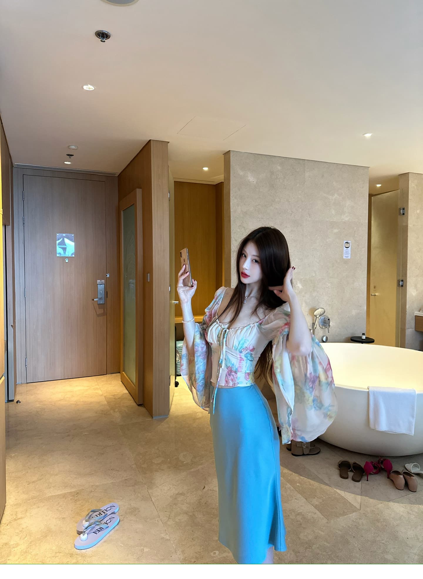 수채화 물감 헤일로 염색 꽃무늬 쉬폰 블라우스 여자 칼라 디자인 센스 슬림해 보이는 명중 가져 가라. 작은 셔츠 맨위 휴가 밖으로 조각 옷 상세 이미지 5