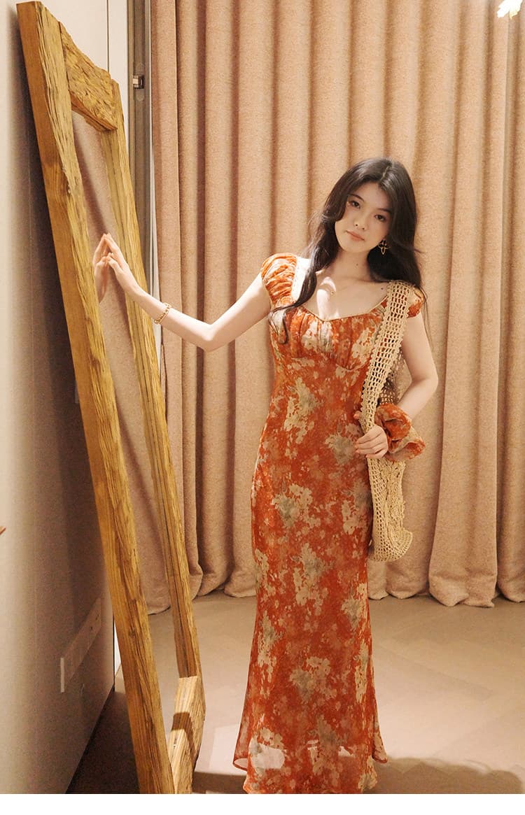 대 eees 에어로빅 한여름 광장 칼라 꽃무늬 프랑스식 여성 드레스 여름 새로운 허리 수축 롱 스커트 차 휴식 치마 이미지 3