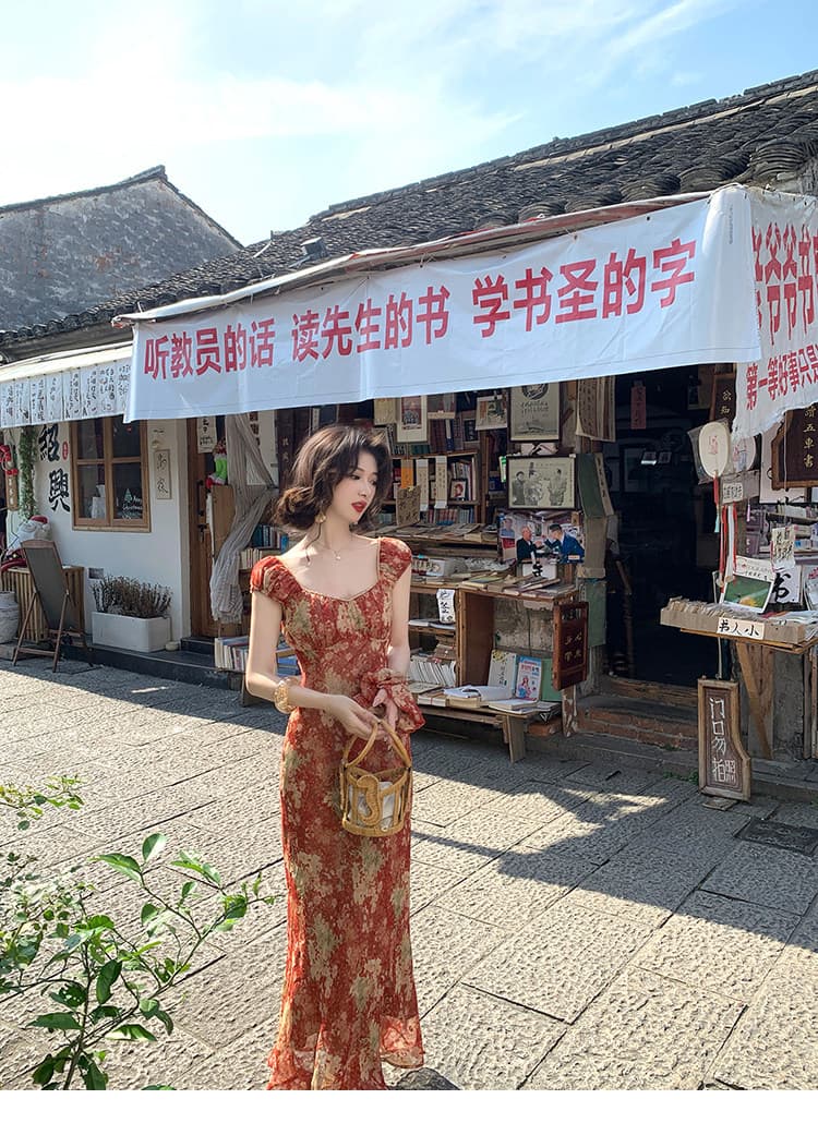 대 eees 에어로빅 한여름 광장 칼라 꽃무늬 프랑스식 여성 드레스 여름 새로운 허리 수축 롱 스커트 차 휴식 치마 상세 이미지 3