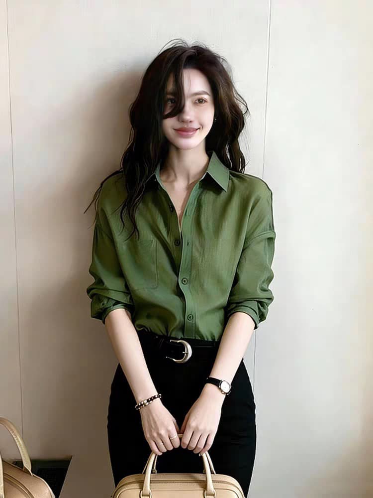 프랑스식 빛 요리 한 바람 녹색 폴로 칼라 긴팔 여성 셔츠 2026 가을 새로운 출퇴근 다용도 고급 품격 셔츠 상세 이미지 3
