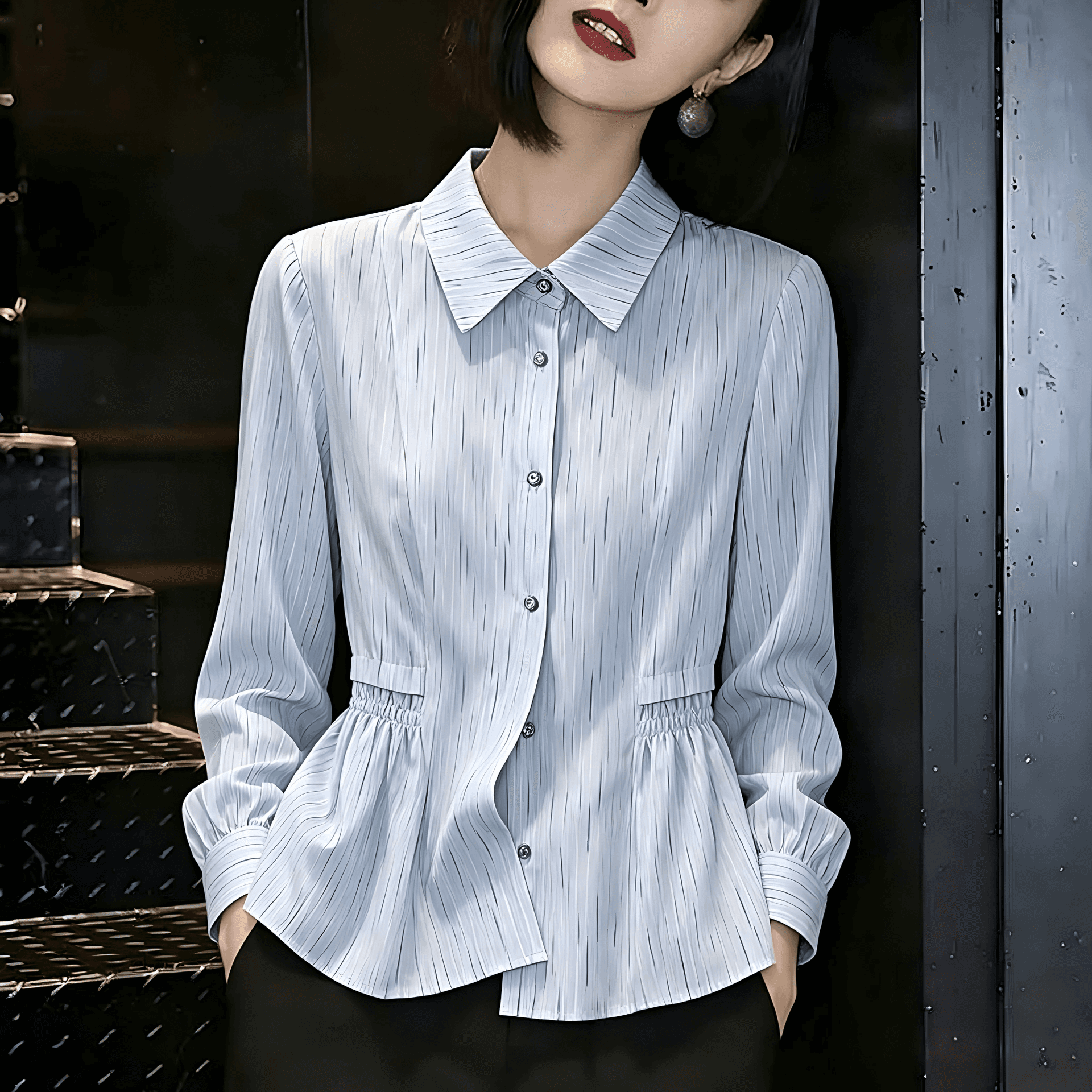 2026 봄 새로운 여성 의류 미니멀리즘 다용도 패치워크 스트라이프 밴딩 허리 수축 슬림해 보이는 긴팔 셔츠