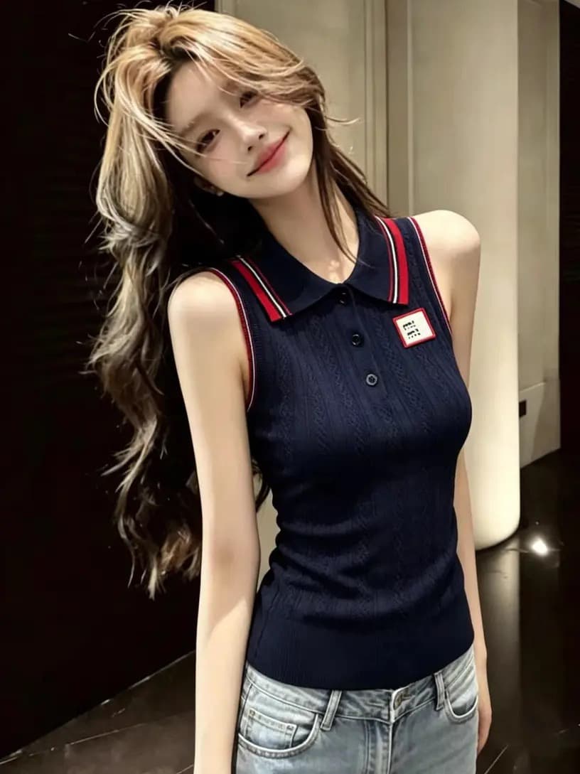 der mond 순수한 욕망 바람 홀로우 아웃 꽈배기 POLO 칼라 니트 조끼 여성 여름 화이트 몸매 가꾸기 민소매 맨위 상세 이미지 5
