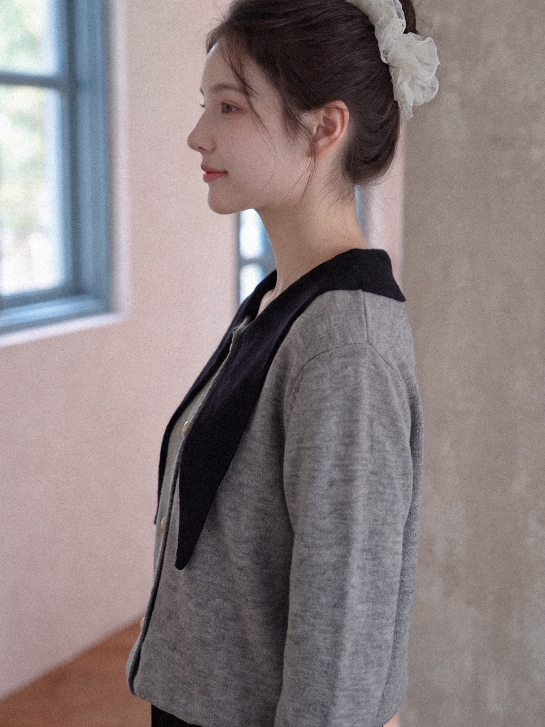 실사 재고 있음 이른 가을 프랑스식 chic 폴로 칼라 레이스업 배색 싱글 줄 버튼 자이언트 잘 생긴 니트 스웨터 스웨터 코트 상세 이미지 5