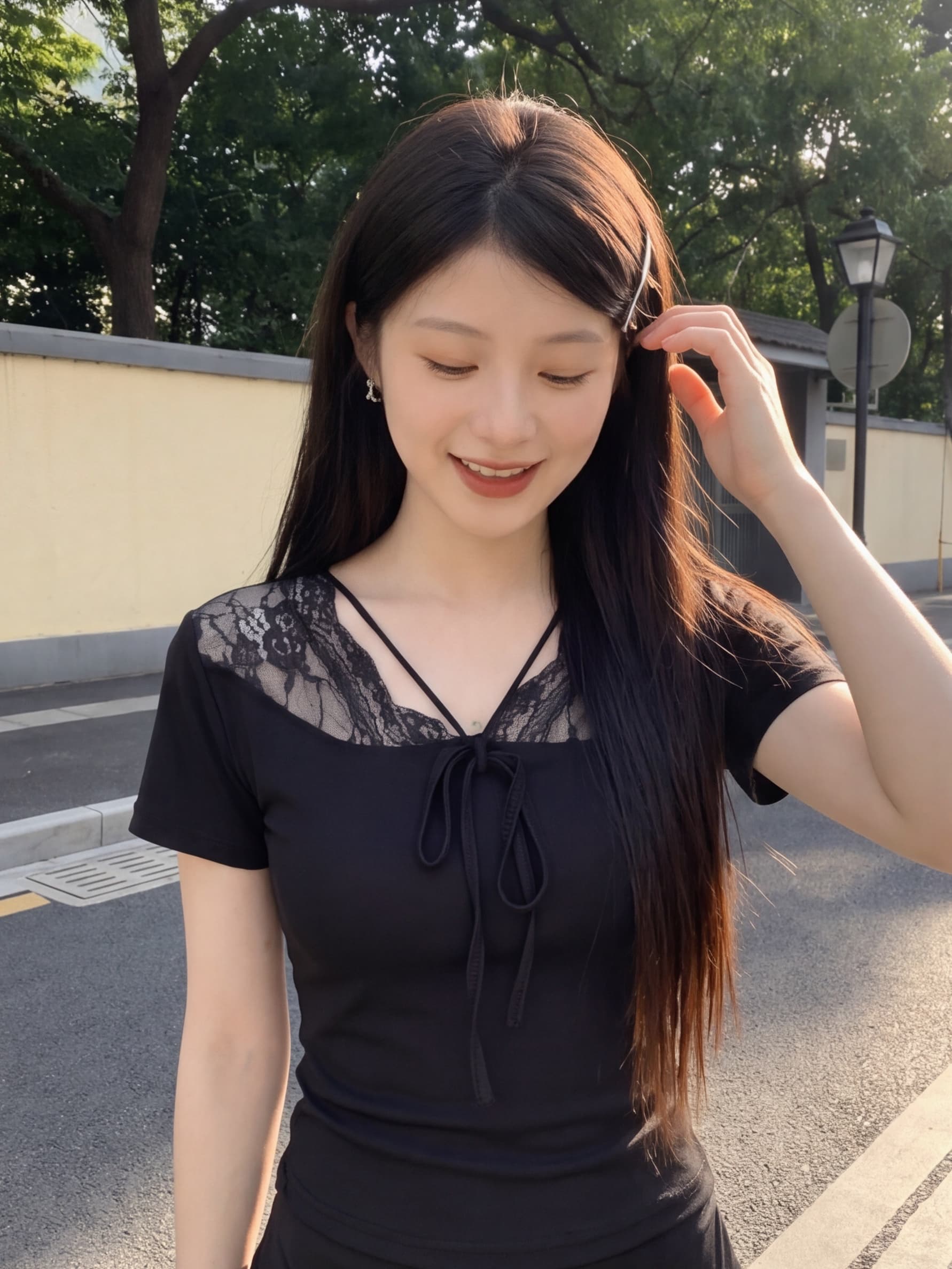 한 부서 여름 슬림해 보이는 캐주얼 몸매 가꾸기 회색 V넥 티셔츠 맨위 반 스커트 세트 이미지 2