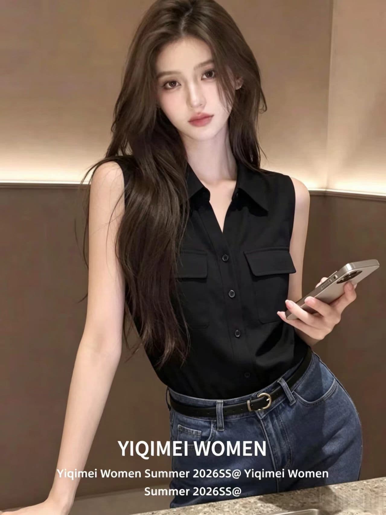 POLO 칼라 민소매 여성 셔츠 여름 고급 센스 검정색 베스트 조끼 맨위 상세 이미지 2