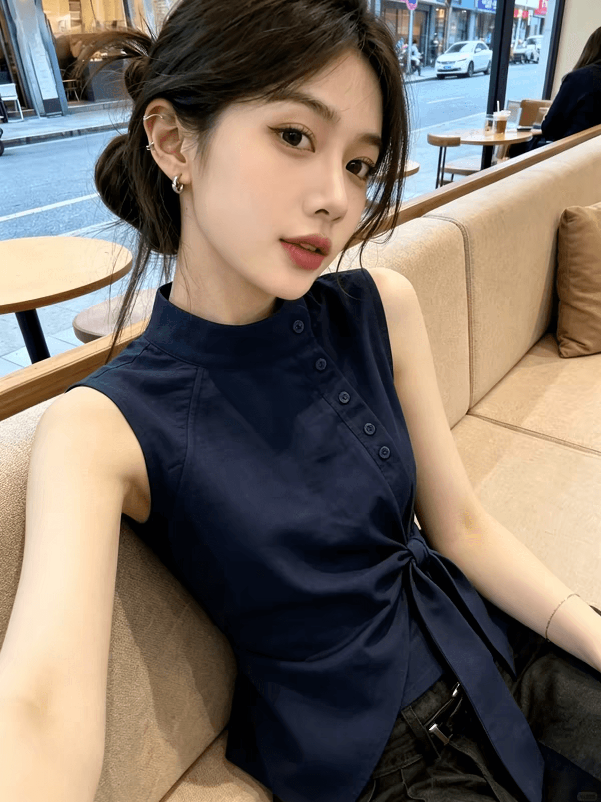 파란색 맨위 스탠드 칼라 민소매 여성 셔츠 여름 셔츠 이미지 4