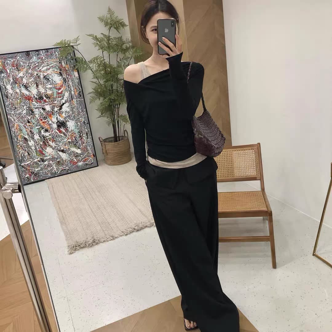 풀 객실 미 건강 빛 럭셔리 익스트림 제인 주간 실크 가을 페이크 레이어드 패션 슬림해 보이는 비스듬한 어깨 오프숄더 맨위 이미지 3
