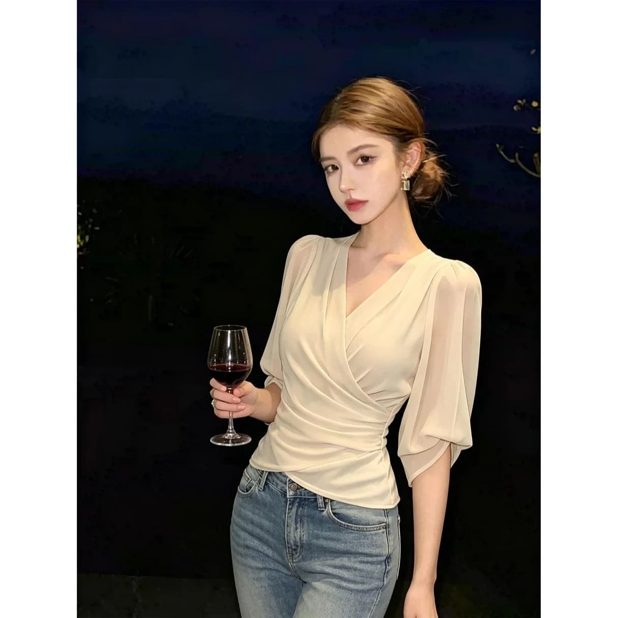 V넥 십자가 시폰 셔츠 여성 여름 디자인 센스 뒤로 스트랩 허리 수축 상세 이미지 2