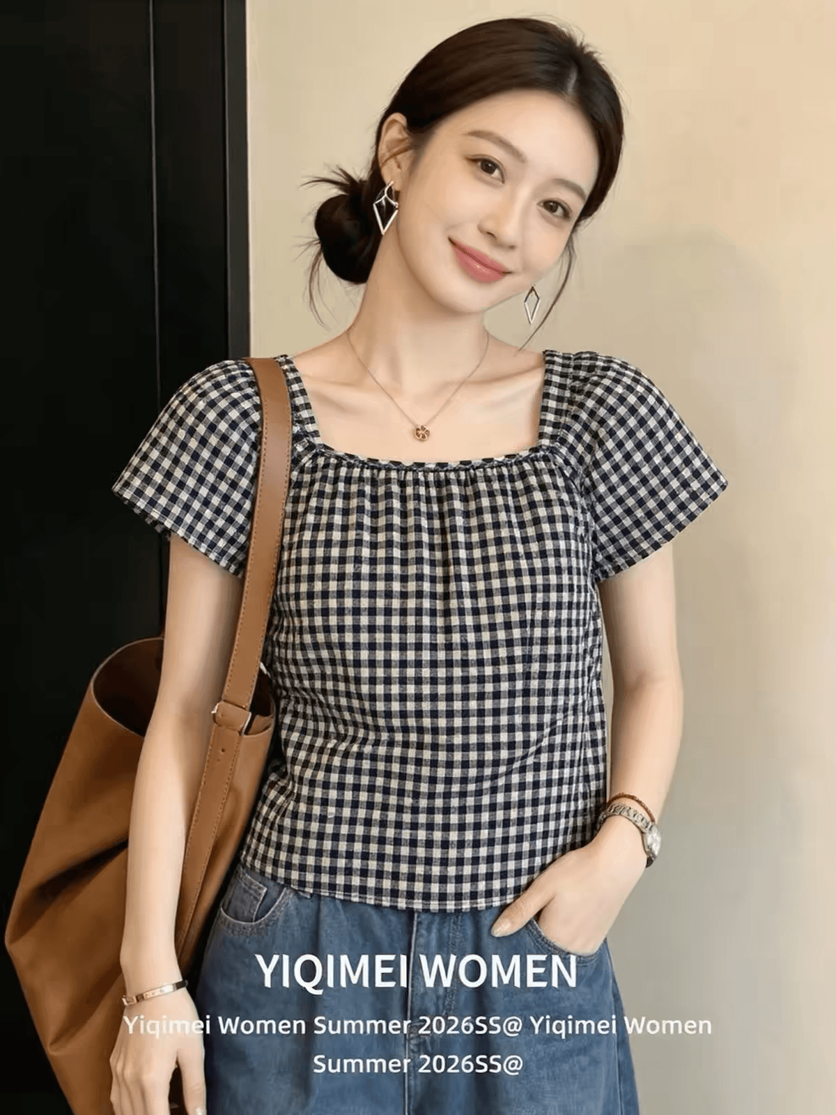 체크무늬 광장 칼라 반팔 셔츠 여자 여름 맨위 셔츠 상세 이미지 5