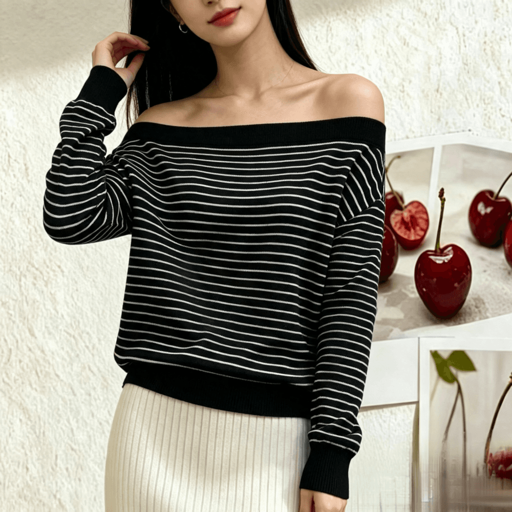 한 부서 느긋한 비스듬한 칼라 오프숄더 스트라이프 긴팔 니트 스웨터 여성 새로운 봄 가을 순수한 욕망 Chic 다용도 맨위 이미지 4