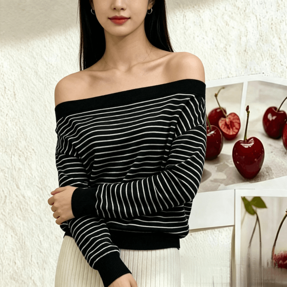 한 부서 느긋한 비스듬한 칼라 오프숄더 스트라이프 긴팔 니트 스웨터 여성 새로운 봄 가을 순수한 욕망 Chic 다용도 맨위 상세 이미지 5