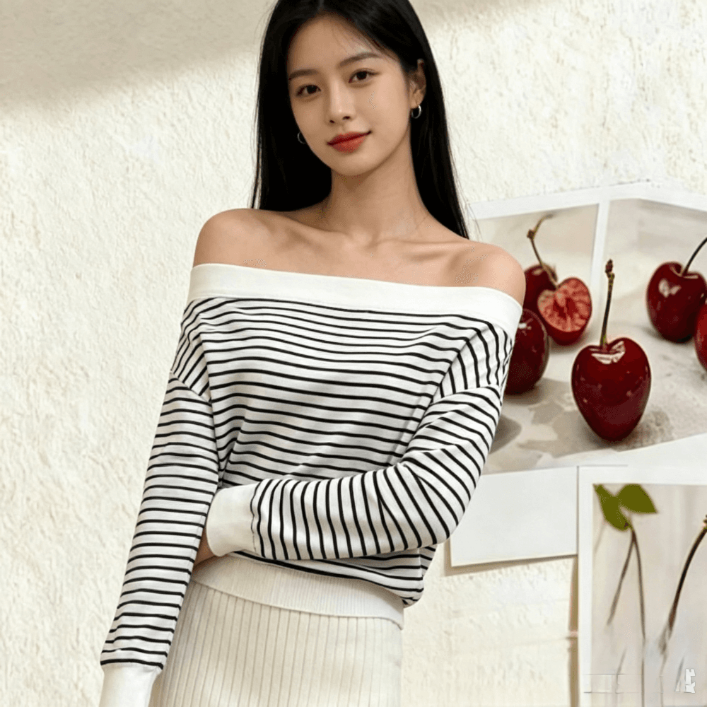 한 부서 느긋한 비스듬한 칼라 오프숄더 스트라이프 긴팔 니트 스웨터 여성 새로운 봄 가을 순수한 욕망 Chic 다용도 맨위 상세 이미지 12