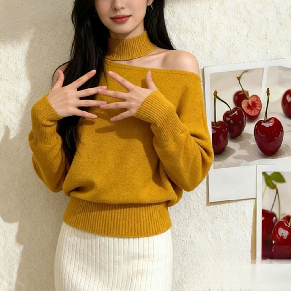 프랑스식 부드러운 바람 행침 목 오프숄더 긴팔 니트 스웨터 여성 봄 가을 슈퍼 잘 생긴 고급 센스 풀오버 새로운 이미지 2