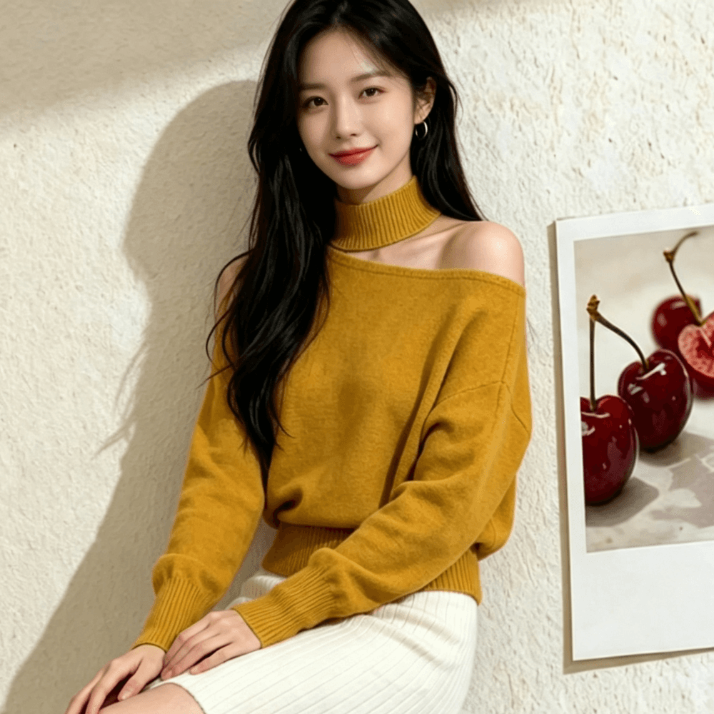 프랑스식 부드러운 바람 행침 목 오프숄더 긴팔 니트 스웨터 여성 봄 가을 슈퍼 잘 생긴 고급 센스 풀오버 새로운 상세 이미지 13