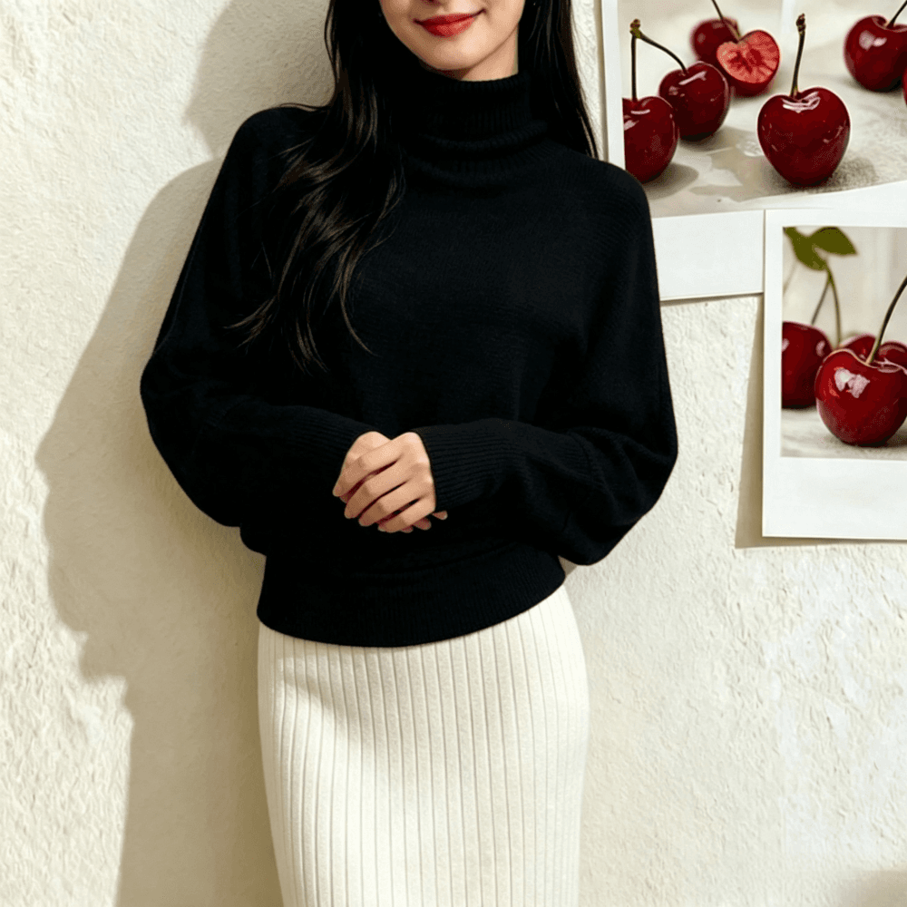 한 부서 디자인 센스 새로운 부드러운 바람 작은 대중 인사이드 가져 가라. 니트 스웨터 반하이넥 배트윙 소매 풀오버 스웨터 여자 이미지 4