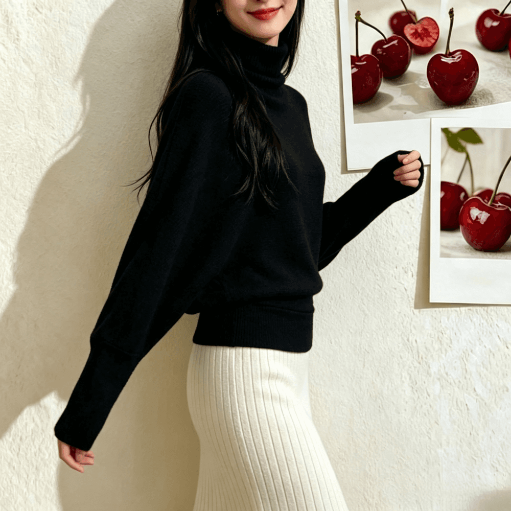 한 부서 디자인 센스 새로운 부드러운 바람 작은 대중 인사이드 가져 가라. 니트 스웨터 반하이넥 배트윙 소매 풀오버 스웨터 여자 상세 이미지 10