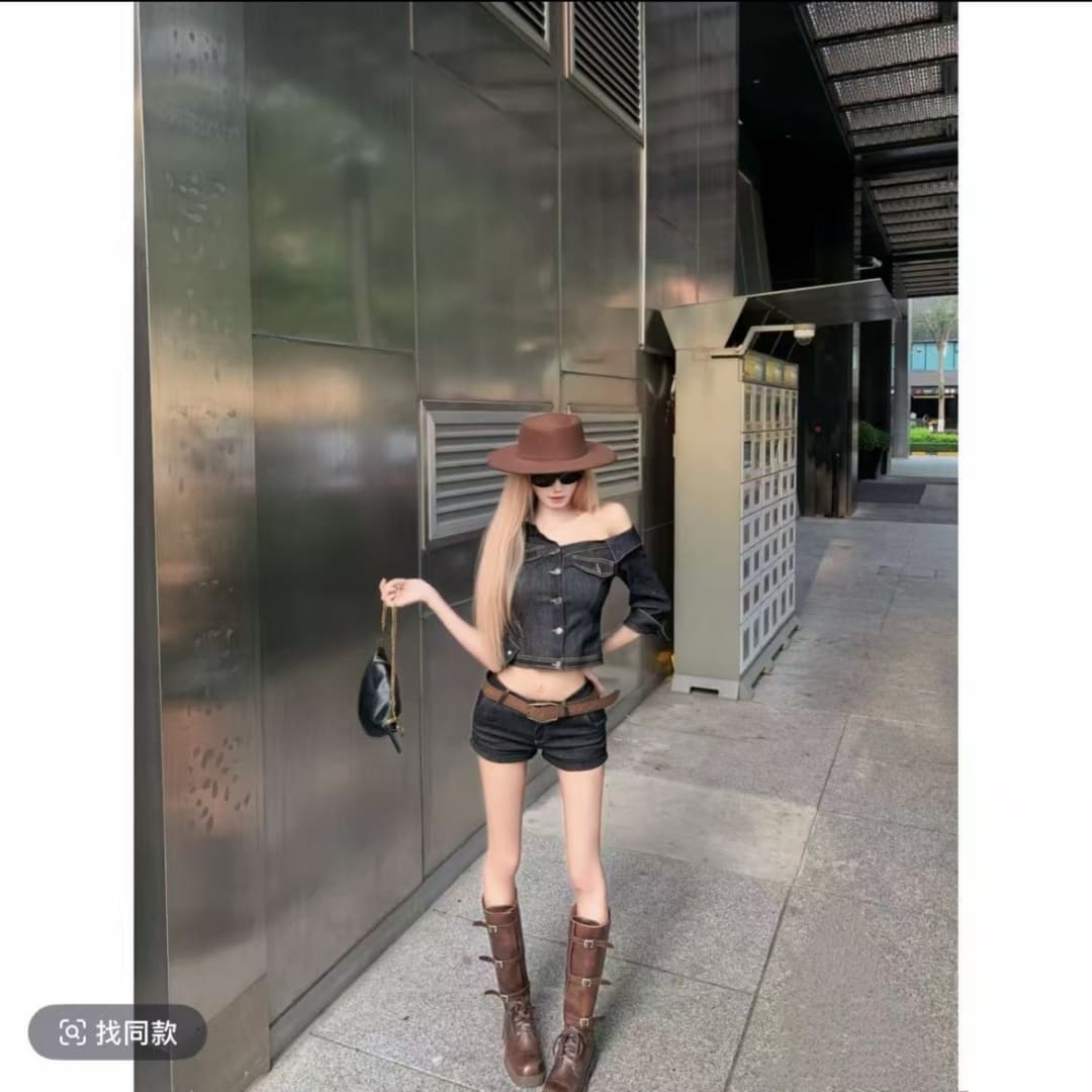 골드 버섯 작은 대중 핫걸 개성 비대칭 비스듬한 어깨 중간 소매 데님 셔츠 반바지 세트 이미지 2