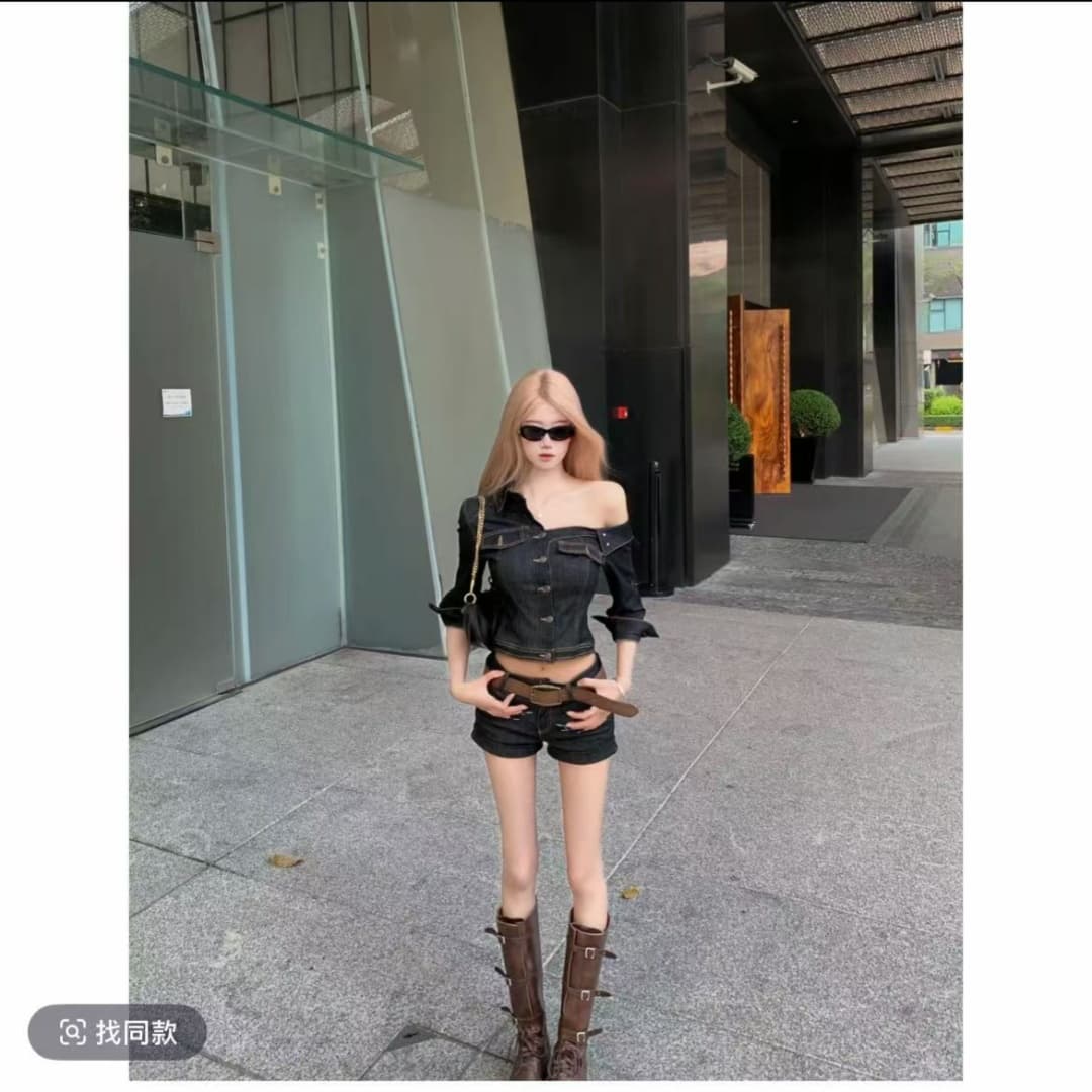 골드 버섯 작은 대중 핫걸 개성 비대칭 비스듬한 어깨 중간 소매 데님 셔츠 반바지 세트 상세 이미지 2