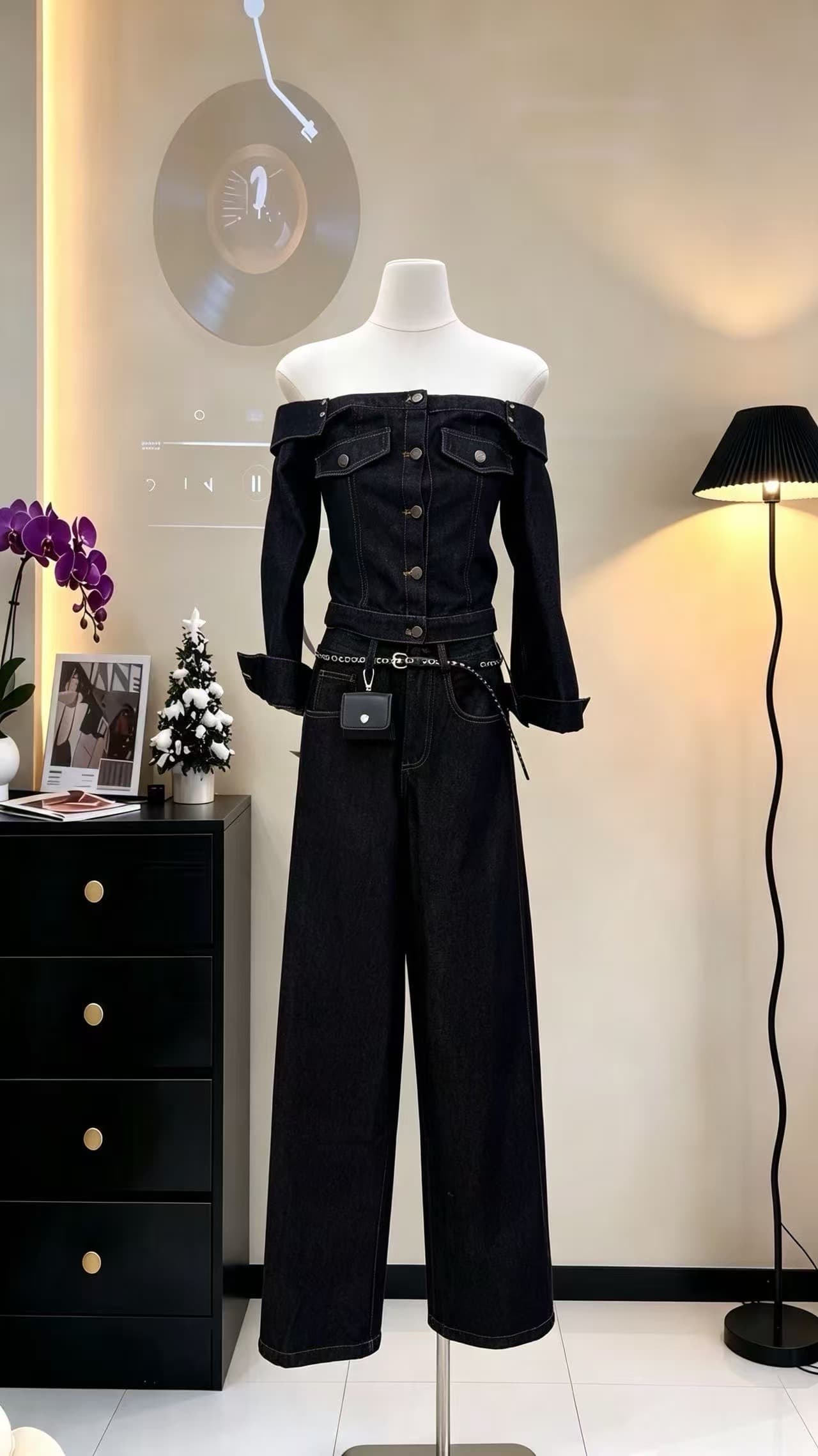 밤나무 코코아 bankelili 사랑 denim 디자인 센스 데님 오프숄더 맨위 긴 바지 세트 그룹 여성 상세 이미지 8