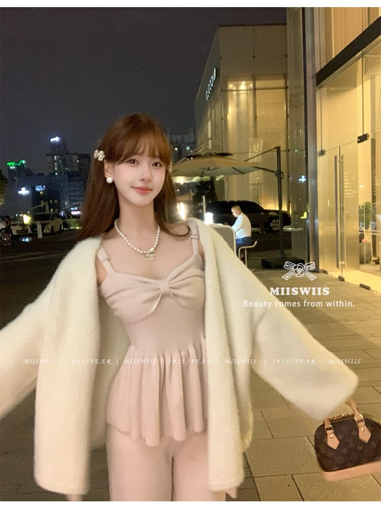 웨이 S 미스 부드러운 토끼 토끼 부드러운 찹쌀 니트 오픈 가디건 3종 세트 치마 맨위 스트레이트 팬츠 스웨터 세트