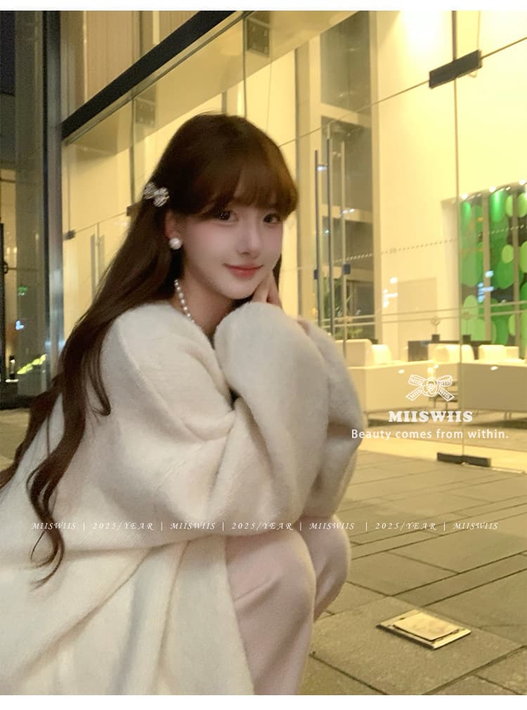 웨이 S 미스 부드러운 토끼 토끼 부드러운 찹쌀 니트 오픈 가디건 3종 세트 치마 맨위 스트레이트 팬츠 스웨터 세트 상세 이미지 7