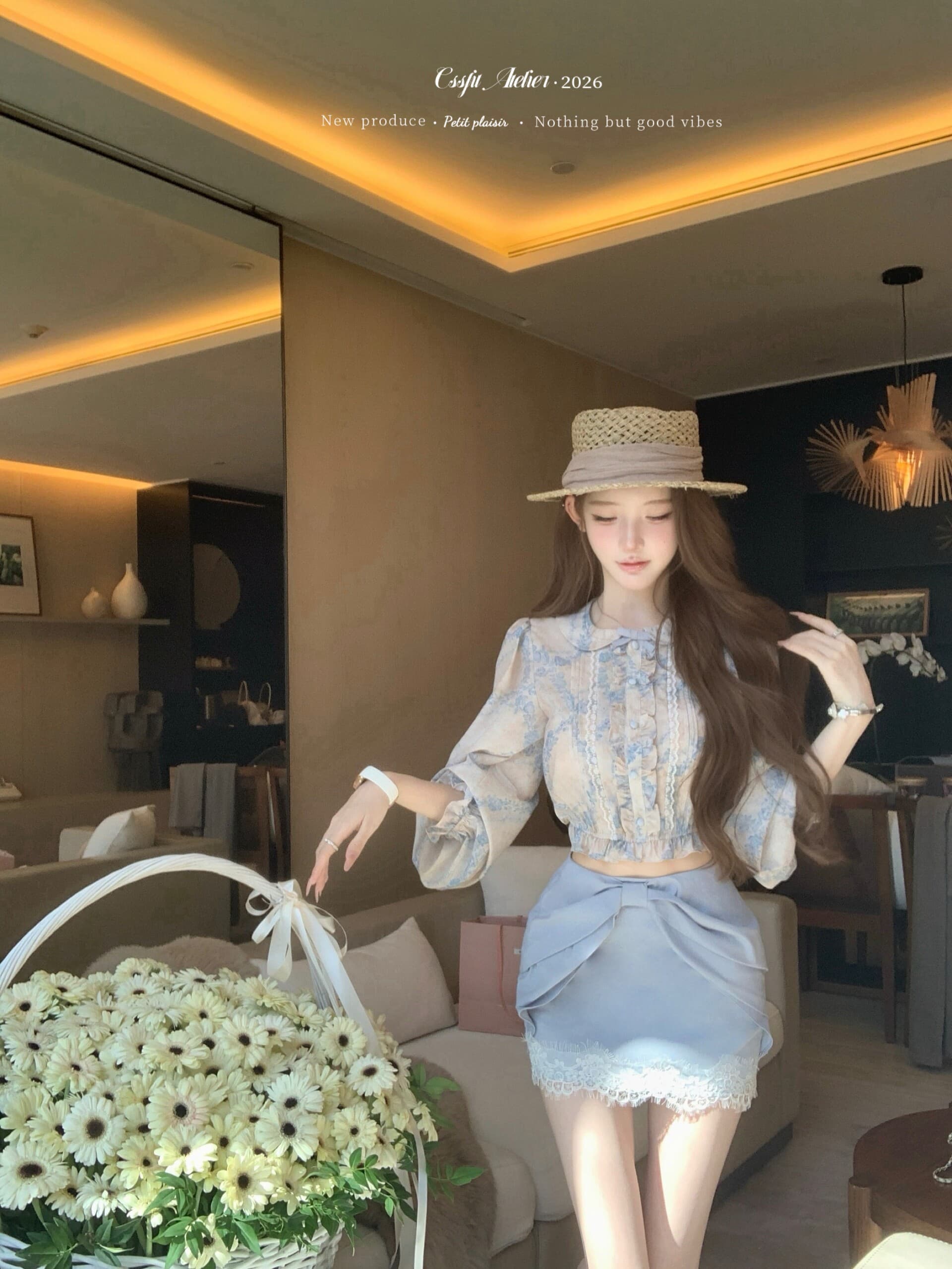 늦게 우산 우산 26ss 부드러운 안개 꽃 상황 vtg 생성 색상 파란색 프린트 셔츠 나비 매듭 레이스 반 스커트 세트 이미지 4