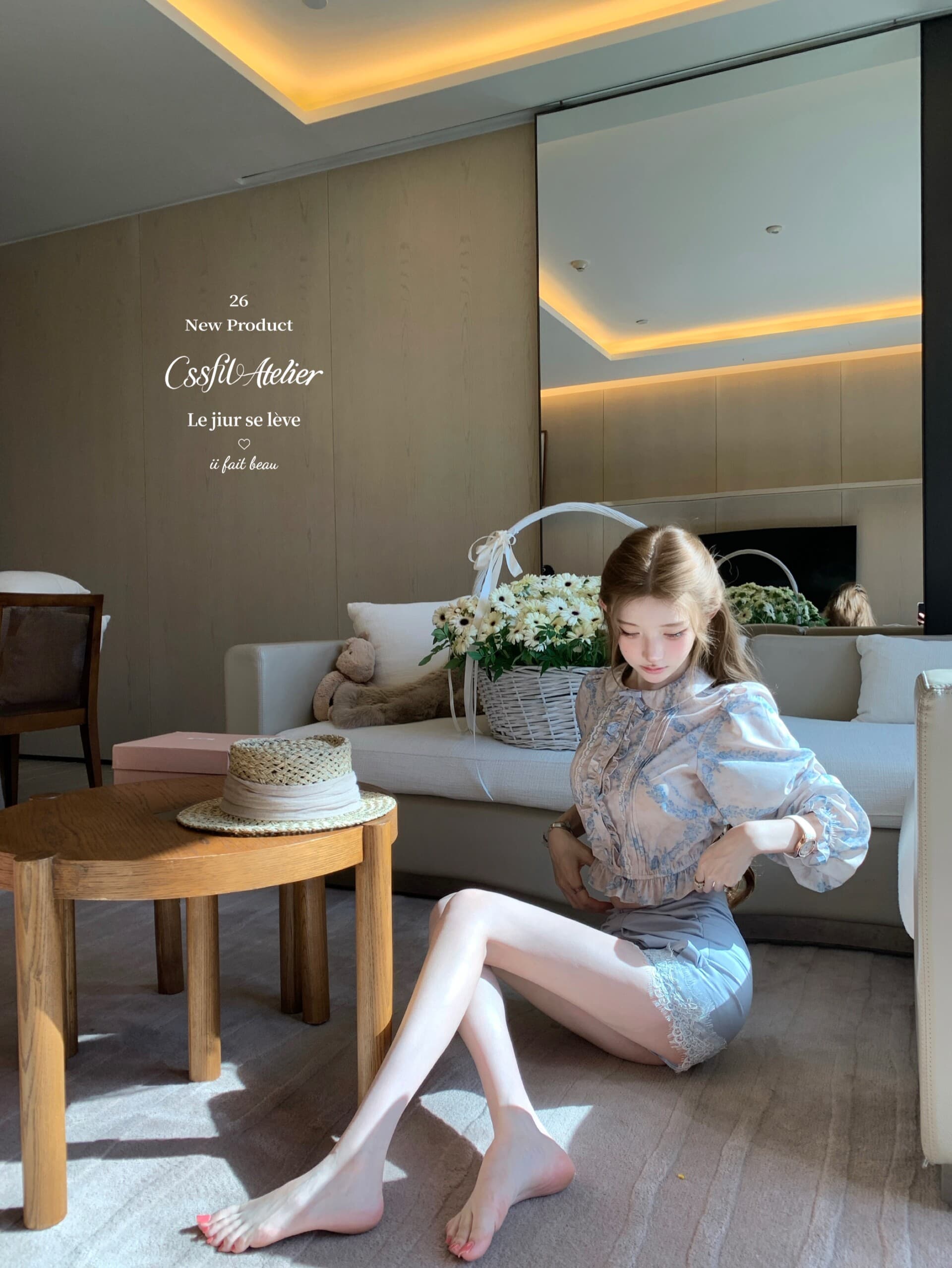 늦게 우산 우산 26ss 부드러운 안개 꽃 상황 vtg 생성 색상 파란색 프린트 셔츠 나비 매듭 레이스 반 스커트 세트 상세 이미지 4