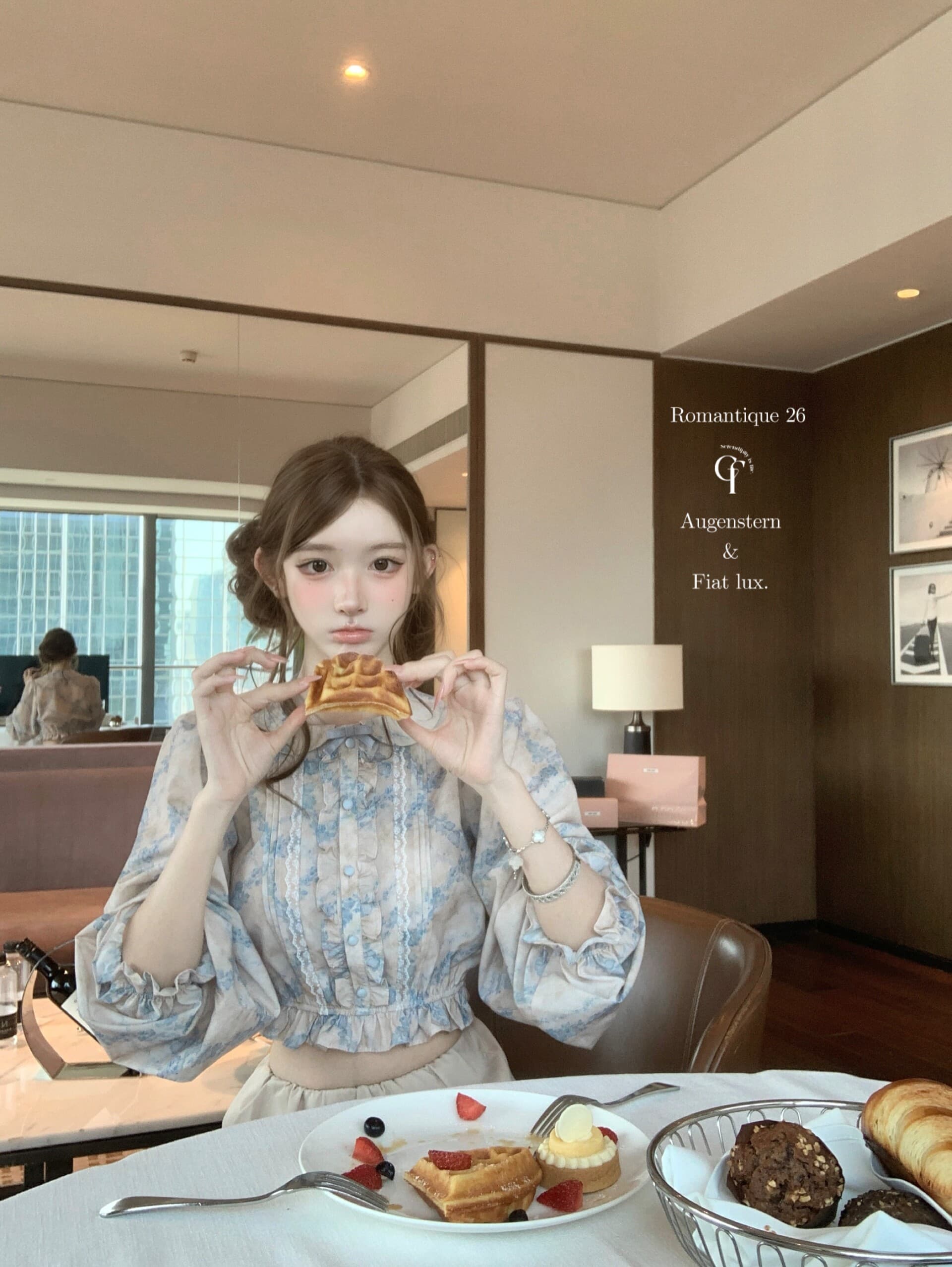 늦게 우산 우산 26ss 부드러운 안개 꽃 상황 vtg 생성 색상 파란색 프린트 셔츠 나비 매듭 레이스 반 스커트 세트 상세 이미지 7