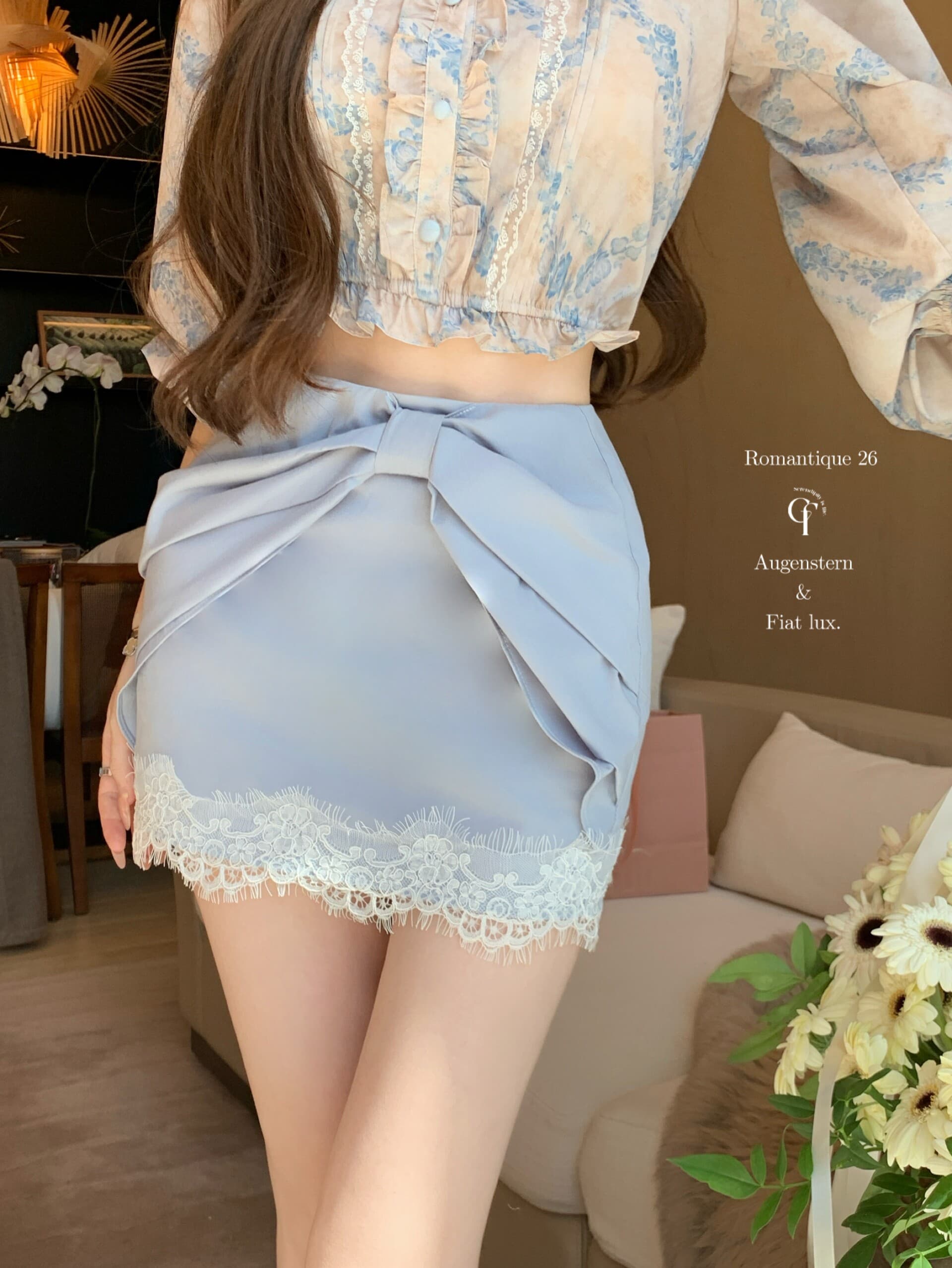 늦게 우산 우산 26ss 부드러운 안개 꽃 상황 vtg 생성 색상 파란색 프린트 셔츠 나비 매듭 레이스 반 스커트 세트 상세 이미지 10
