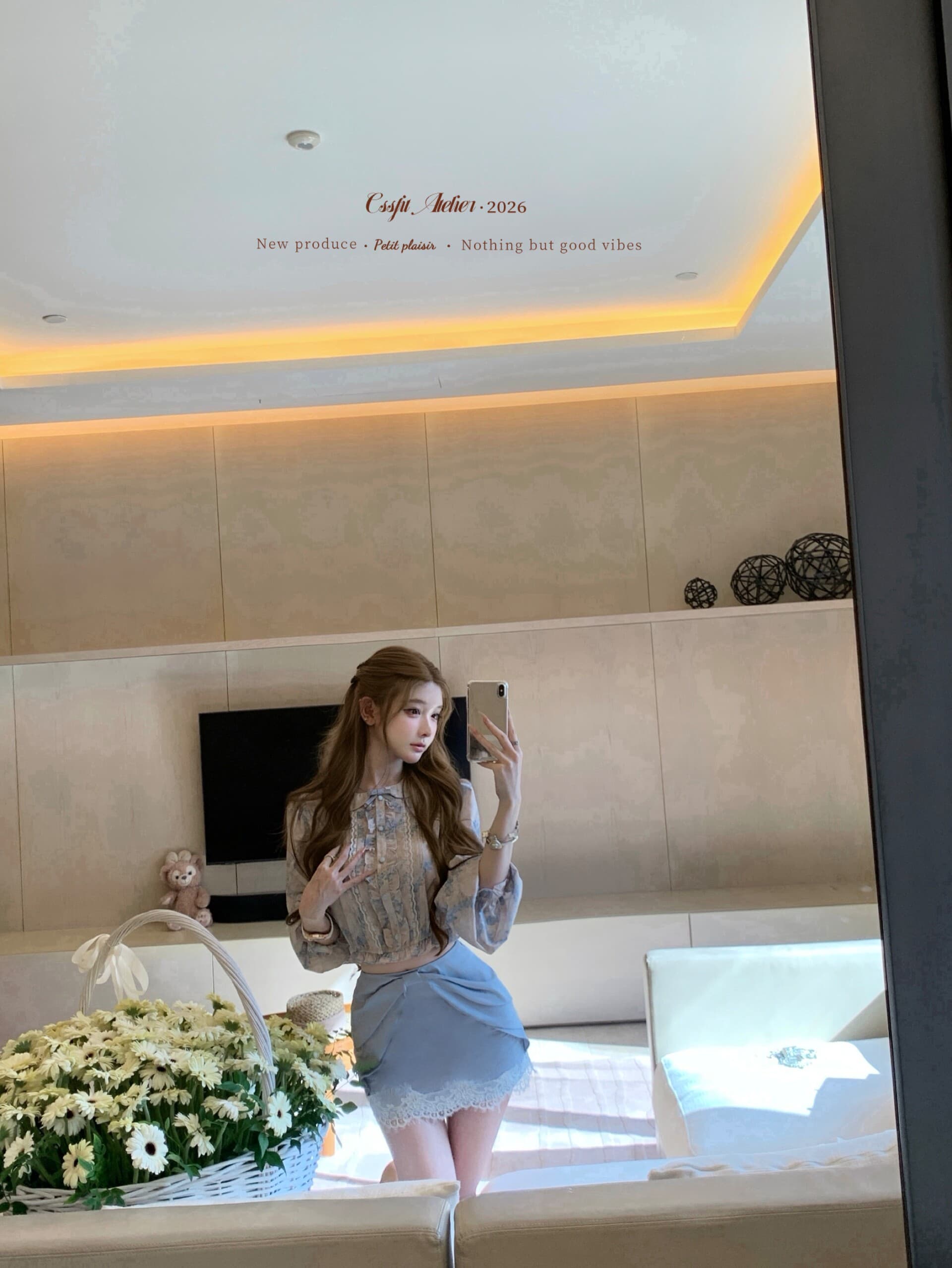 늦게 우산 우산 26ss 부드러운 안개 꽃 상황 vtg 생성 색상 파란색 프린트 셔츠 나비 매듭 레이스 반 스커트 세트 상세 이미지 12