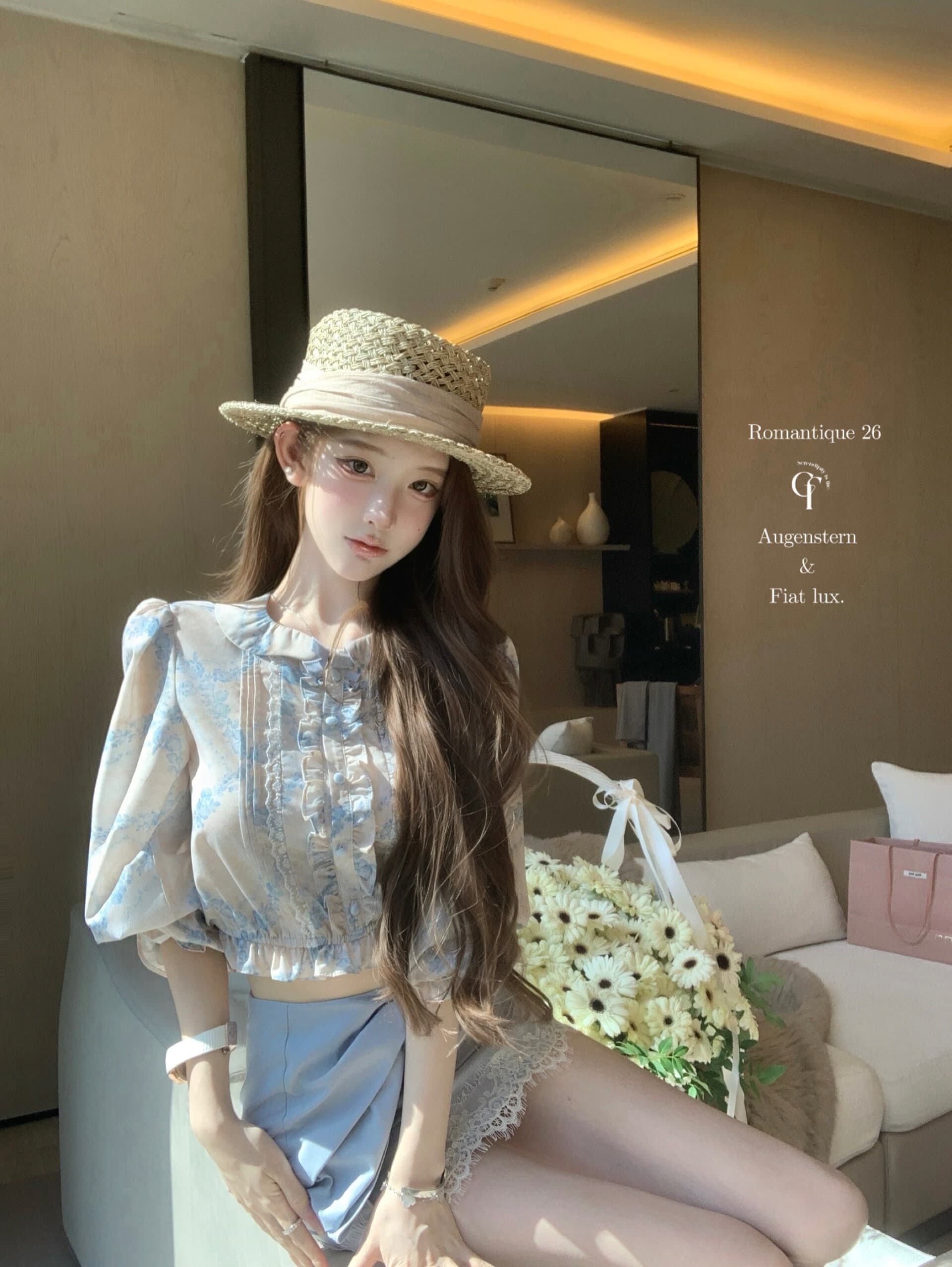 늦게 우산 우산 26ss 부드러운 안개 꽃 상황 vtg 생성 색상 파란색 프린트 셔츠 나비 매듭 레이스 반 스커트 세트 상세 이미지 15
