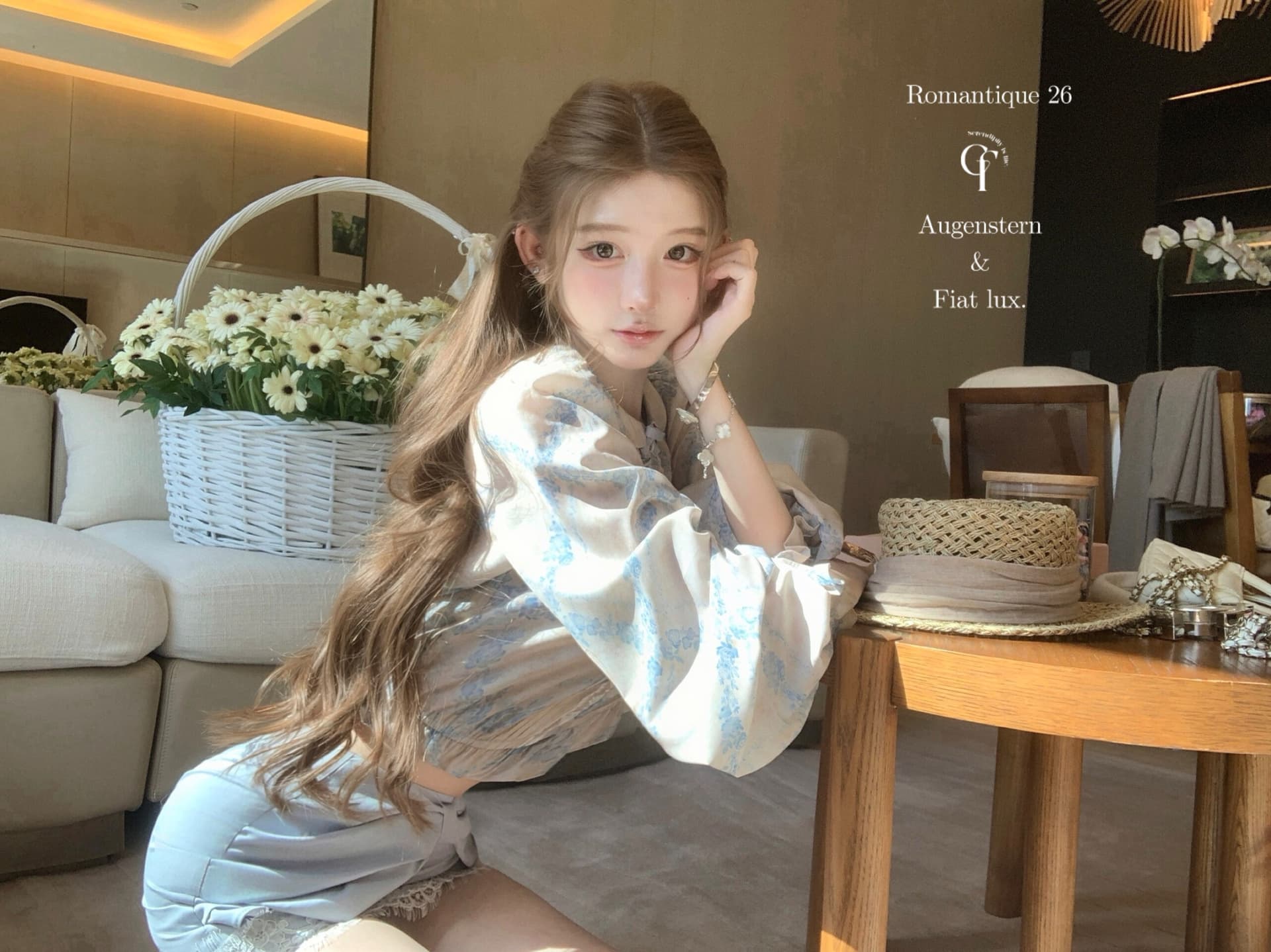 늦게 우산 우산 26ss 부드러운 안개 꽃 상황 vtg 생성 색상 파란색 프린트 셔츠 나비 매듭 레이스 반 스커트 세트 상세 이미지 16