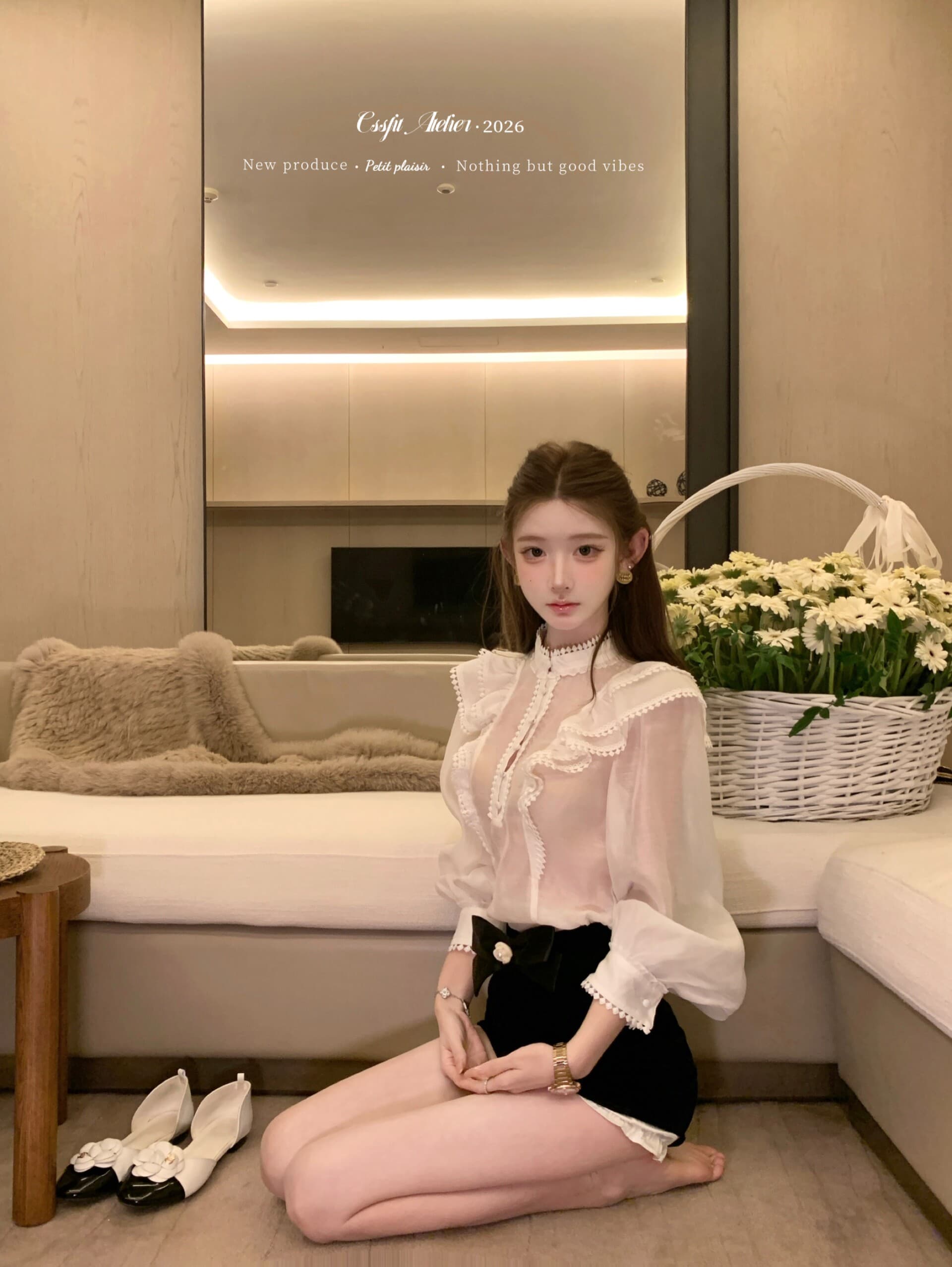 늦게 우산 우산 26ss 공주 클럽 zim 주간 실크 라이 경기 서울 자수 프릴 셔츠 벨벳 반바지 세트 상세 이미지 5