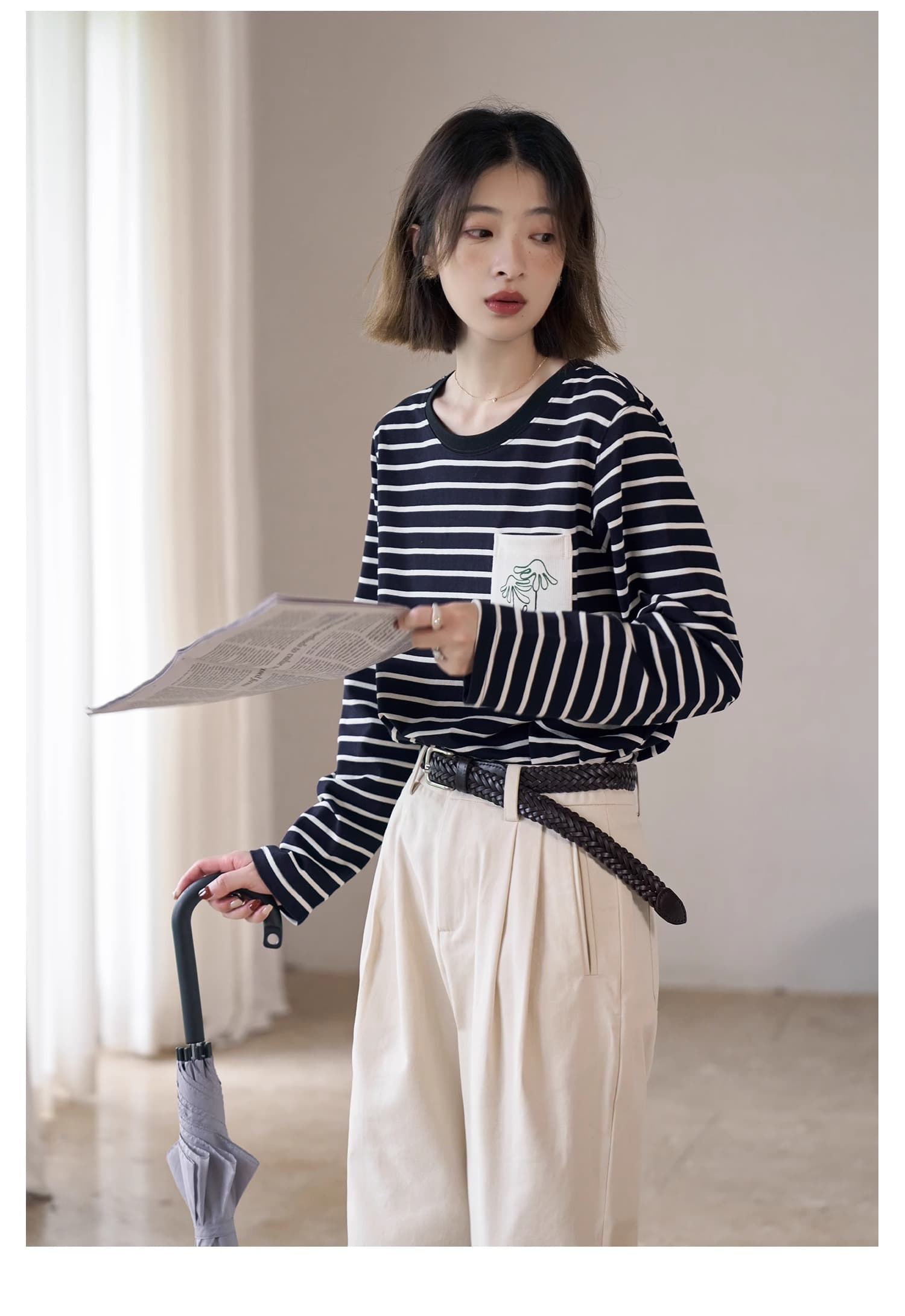 흰 그림 작업장 해안 편지 스트라이프 티셔츠 여성 긴 소매 라운드 넥 순면 인사이드 가져 가라. 슬림해 보이는 맨위 이미지 3
