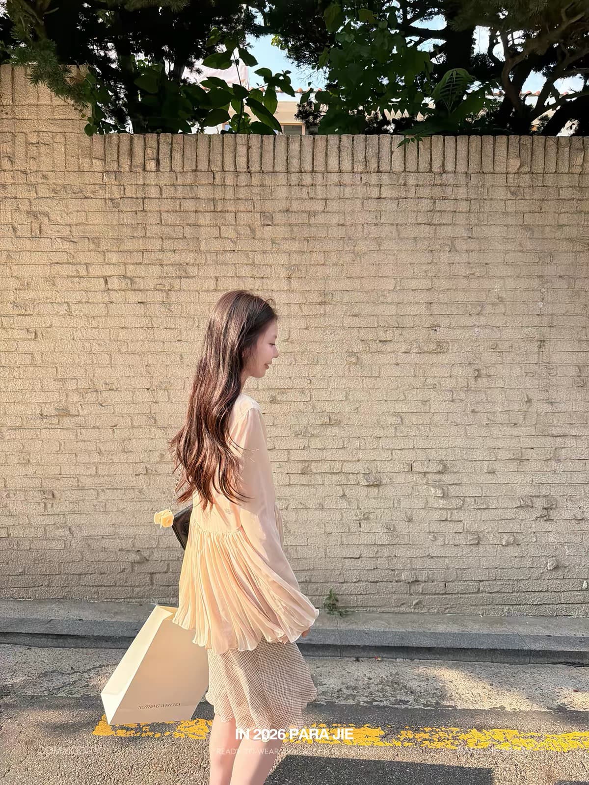 para jie 시 지에 구름 밀가루 도루 계곡 V넥 플리츠 부드러운 시폰 셔츠 여성 여름 수확 Pleat 나팔 긴팔 맨위 상세 이미지 2