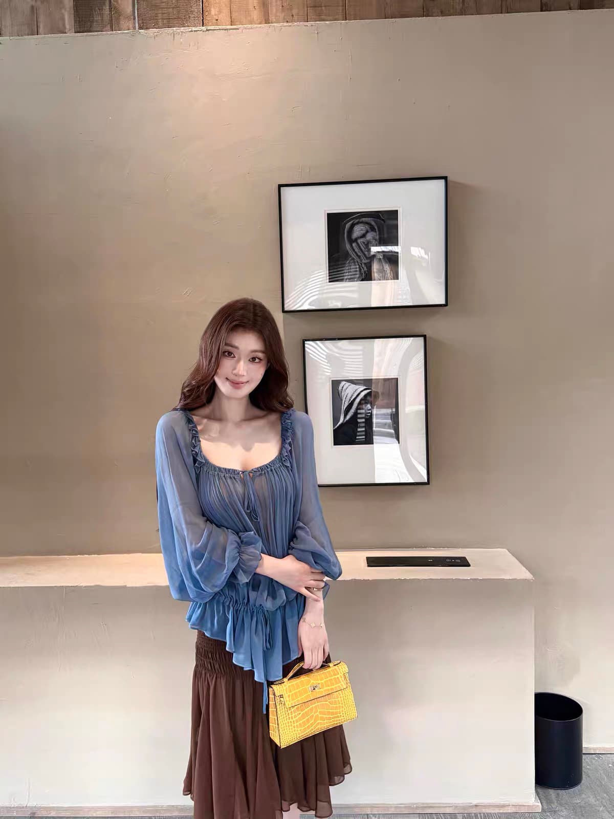 sya 크 사이 작은 웨스트 8 8 신제품 프랑스식 프릴 레이스업 맨위 여성 이른 가을 사람들 실크 질감 센스 광장 칼라 블라우스 상세 이미지 4