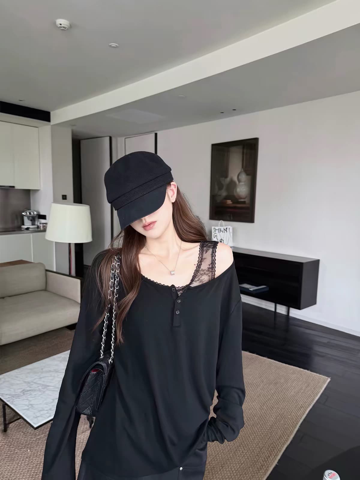 superniniyy 토피 레이스 헨리 칼라 페이크 레이어드 스택 착용 루즈핏 섹션 긴팔 티셔츠 맨위 20 새로운 상세 이미지 3