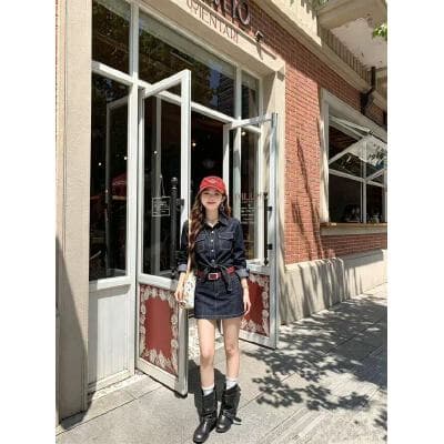 단 닝 소녀 차가운 바람의 소리 달콤한 매운맛 바람 십자가 스트랩 원본 암소 데님 셔츠 레트로 반신 스커트 패션 이미지 2