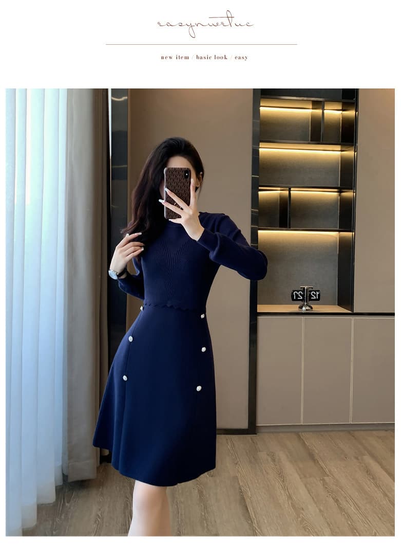 한국 빛 럭셔리 우아함 위엄있는 홍콩 스타일 레트로 작은 샤넬 스타일 품격 니트 드레스 가을 겨울 금속 버클 스웨터 드레스 상세 이미지 8