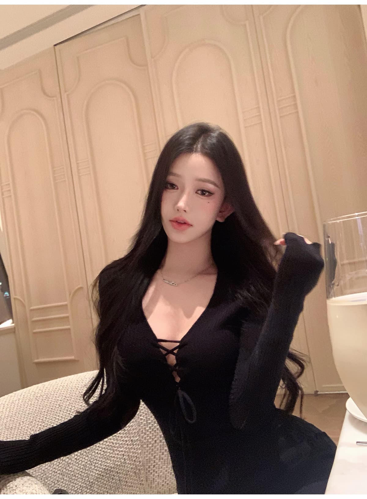 한국 jayky yang 자유 시간 부드러운 빛 깊은 v 스트랩 타이트 스커트 롱 스커트 허리 수축 몸매 가꾸기 캐주얼 다용도 드레스 상세 이미지 9