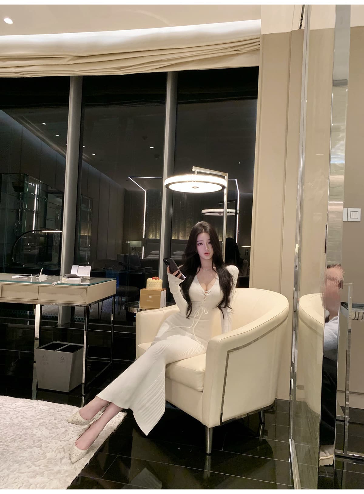 한국 jayky yang 자유 시간 부드러운 빛 깊은 v 스트랩 타이트 스커트 롱 스커트 허리 수축 몸매 가꾸기 캐주얼 다용도 드레스 상세 이미지 11