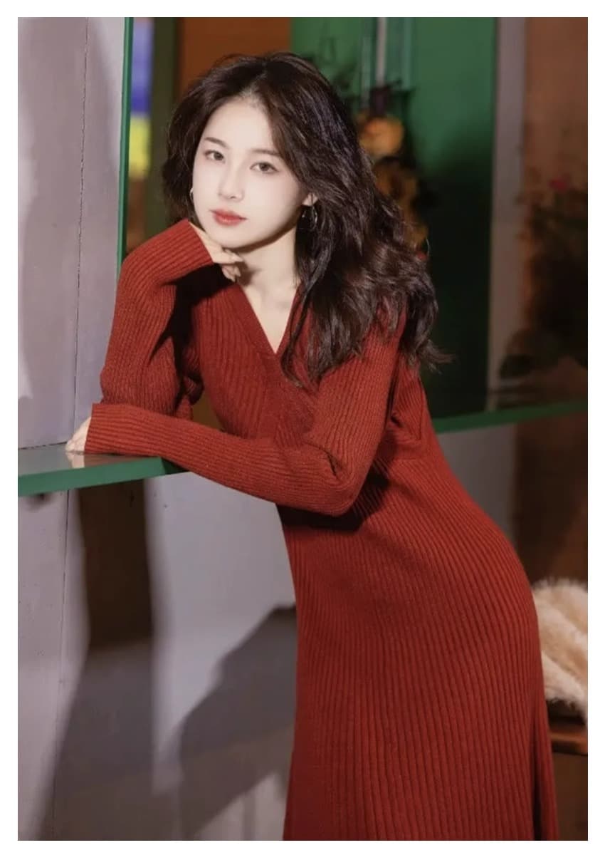 순수한 욕망 바람 스웨터 드레스 V넥 고급 센스 품격 가을 겨울 경기 코트 인사이드 가져 가라. 자랑 침묵 치마 빨간색 니트 드레스 이미지 3