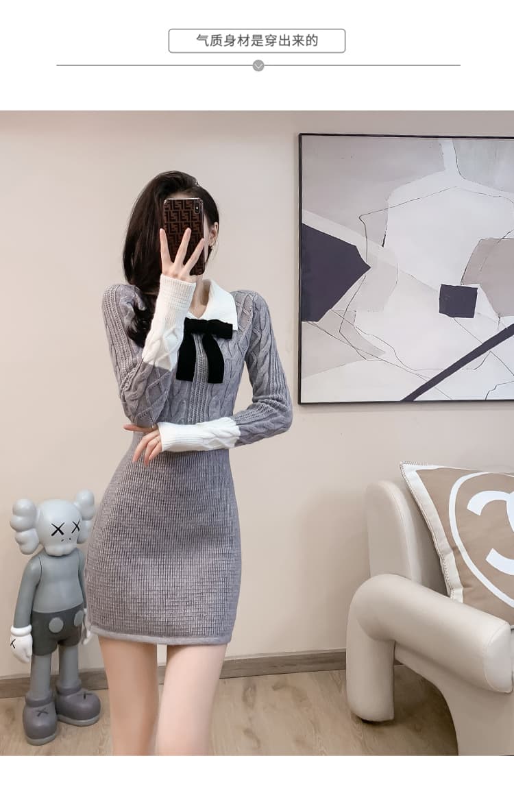 한국 품격 숙녀 홍콩 스타일 학원 작은 샤넬 스타일 고급 센스 polo 폴로 칼라 나비 매듭 스웨터 니트 드레스 상세 이미지 6