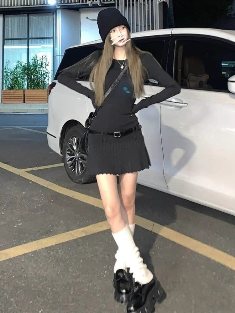 한국 페이크 레이어드 polo 폴로 칼라 니트 스웨터 드레스 작은 키 달콤한 매운맛 학생 학원 스타일 플리츠 우산 치마 이미지 3